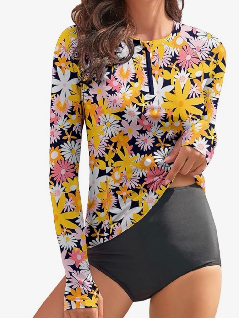 NWT Amazon Women’s floral zip swim shirt rash guard SPF 50 Large - Picture 2 of 5